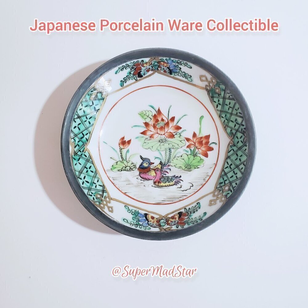 VINTAGE ACF Japanese Porcelain Ware Pewter Encased Bowl Collectible ACF Stamped